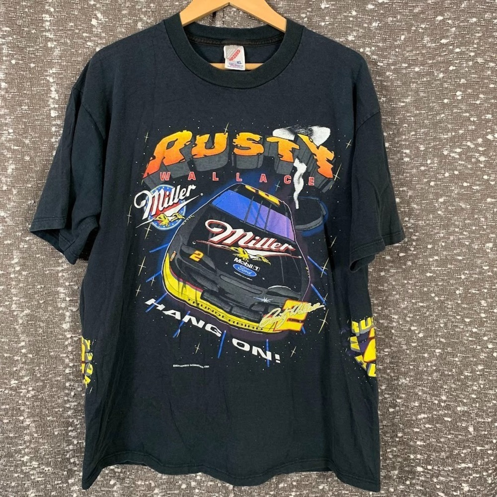 Vintage Rusty Wallace Miller Lite Hang On! AOP Nascar Jerzees Shirt Size XL